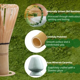 JavaNest 6-Piece Bamboo Matcha Whisk Set - Includes Chasen Whisk, Whisk Holder, Stainless Steel Sifter, Scoop, Spoon, Spoon Holder - Perfect for Traditional Japanese Matcha Preparation (Green)