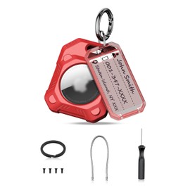 PROfezzion 1 Pack 2-in-1 Secure AirTag Holder Hard Shell Case with Key Rings, Key Tag, Metal Wire Cable, Allen Wrench and Spare Screws for Keychain, Dog Collar, Luggage Bag, Backpack & More - Red