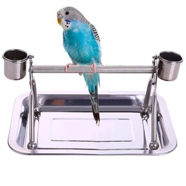 Litewood Bird Stainless Steel Perch Stand Parrot Stand Rack Toys Pet Platform Ladders Exercise Playstand with Feeder Cups Tray for Budgie Parakeet Cockatiel Conure Finch (The Tabletop Perch Stand)