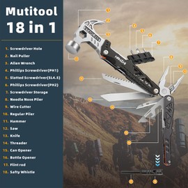 HANSHI Replaceable Wire Cutter Hammer Multitool with Nylon Sheath for Outdoor,Camping,Survival,Hiking,17 In 1 Pocket Multi Tool with Spring-Action Plier,Knife,Flint Rod,Safty Whistle for Gift