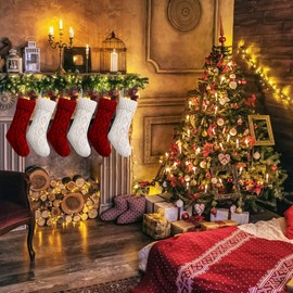 Fesciory Christmas Stockings, 6 Pack 18 Inches Large Size Cable Knitted Stocking Gifts & Decorations for Family Holiday Xmas Party, Burgundy&Ivory