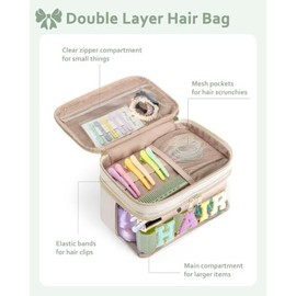 Fasrom Double Layer Hair Accessories Organizer, Preppy Patch Makeup Bag with HAIR Chenille Letter, Portable Travel Cosmetic Pouch Clear Toiletry Case for Women Girl, Off-White(Bag Only, Patent Design)
