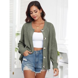 ZAFUL Womens Cable Knit Cardigan Button Down Crew Neck Sweater Loose Long Sleeve Open Front Jacket Outwear