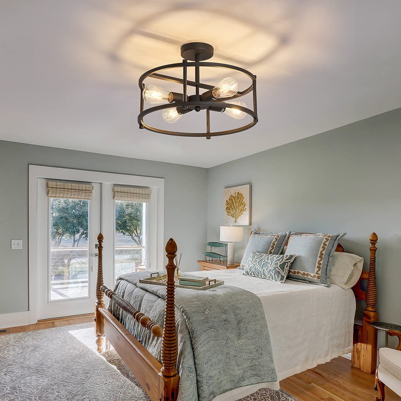 hesoge Industrial Semi Flush Mount Ceiling Light,4 Light Rustic Metal