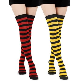 Ponceau 2 Pairs Women's Knee Stockings Overknee Warm Striped Stockings Women's Striped Tights Thigh Highs Femboy Extra Long Women's Socks Cotton, Red-black + yellow-black