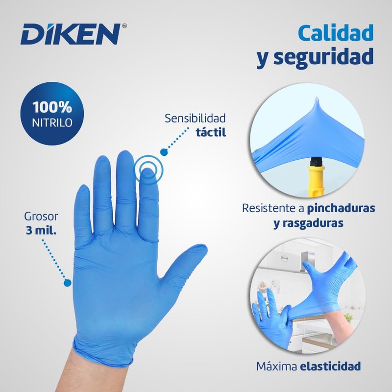 DIKEN Guantes 100% Nitrilo, Grado Alimenticio, Color Azul, SIN Polvo,