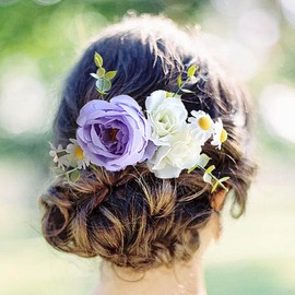 Fangsen Boho Purple White Orange Pink Ivory Red Rose Little Daisy Bud Leaf Rose Flower Hair Clips Floral Hair Accessories for Brides and Bridesmaids Silver (Purple+White)