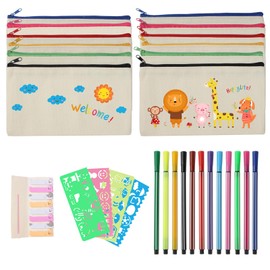 Pack of 12 Painting Canvas Pencil Case, Fabric Bag Pencil Case for Painting, Small Bags for Painting, Children, Pencil Case Craft Bags with Colouring Pencil, Blank Canvas Cosmetic Bag for DIY,
