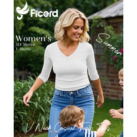 Ficerd 4 Pack Women's 3/4 Sleeve T Shirts, V Neck Casual Tunic Tops Loose Fit Cotton Shirts Solid Color Summer Tees(Black, White, Dark Mixed Gray, Light Blue,Medium)