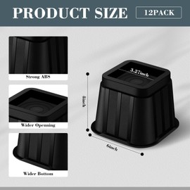Ecally 12 Pack 4 Inch Square Furniture Risers Adjustable Bed Risers Heavy Duty Bed Lifters Bed Raising Blocks Black Bed Stilts Bed Elevators for Mattress Table Leg Desk Chair Couch Sofa Dorm