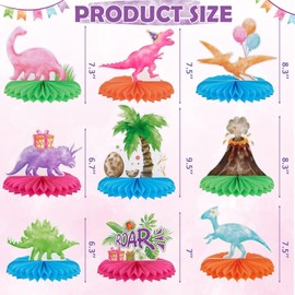 WERNNSAI 9 PCS Dinosaur Party Honeycomb Centerpiece - Dinosaur Birthday Party Decorations for Girls Kids Pink Dino Honeycomb Table Decoration for Birthday Baby Shower Supplies