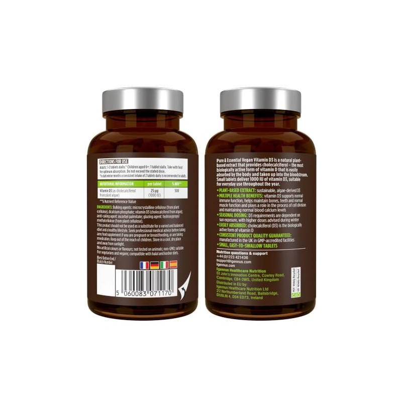 Igennus Natural Vegan Vitamin D3 1000IU, Clean Label, 365 Tablets