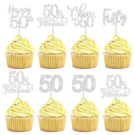 Paquete de 30 adornos para magdalenas de cumpleaños 50 con purpurina plateada para cincuenta saludos a 50 años de edad, para decoración de pasteles de cumpleaños 50 cumpleaños