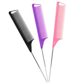 Kunihiko Rat Tail Combs Set: 3Pcs Long Steel Pin Teasing Combs for Salon Hair Stylists, Metal Parting Combs for Women (Purple, Black, Pink)
