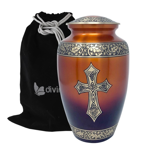 Blessings of Christ Sunset Gold Finish Cross Urn - Elegance Trinity Cross Urn - Religious Cremation Urn - Handcrafted Adult Religious Funeral Urn - Large Urn Deal with Free Bag (Sunset Gold)