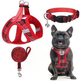 Dog Harness, Collar, Lead Set, Leash Set, Chest Harness, Check Design, Handle Included, Mesh Material, Gentle on Body, Vest, Reflective Material, Adjustable, Walking, Easy to Put on and Take Off, Pull