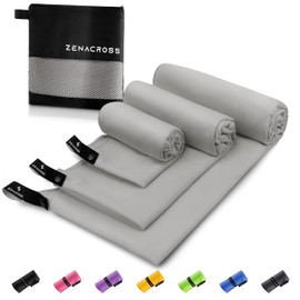 ZENACROSS Microfibre Towel (Set of 3) with Carry Bag - Quick-Drying and Versatile Fitness Towel - Sports Towel Sizes S, M, L - Grey