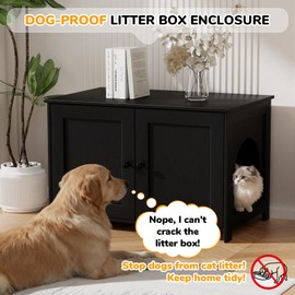 Fecuria Cat Litter Box Enclosure Furniture Dog Proof, Hidden Kitty Washroom Cabinet Low Entry, Wooden Cat Boxes Enclosure Odor Control for Home, Farmhouse Style Decorative TV Stand with Storage, Black