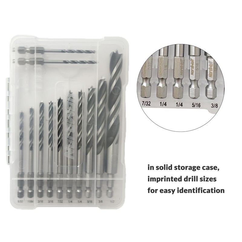 NordWolf 12-Piece Brad Point Wood Drill Bit Set for Carpenter