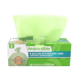 Responsible Products 2.6 Gallon Drawstring Kitchen Bin Liners, Certified Compostable, Heavy Duty Multipurpose Food Scrap Bags, Made from Compostable Materials (30 Count)