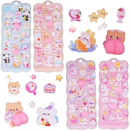 Chisafly Butt Squishy Stickers, Marshmallow 3D, Set of 4, Soft, Cute, For Kids, DIY, Notebook, Reward Stickers, Decorative, Stickable, Craft Supplies