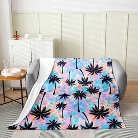 Erosebridal Tropical Tree Fleece Blanket, Hawaiian Coconut Palm Tree Fuzzy Blanket for Adult Teens Kids, Watercolor Tie Dye Throw Blanket, Summer Colorful Beach Flannel Blanket, Queen