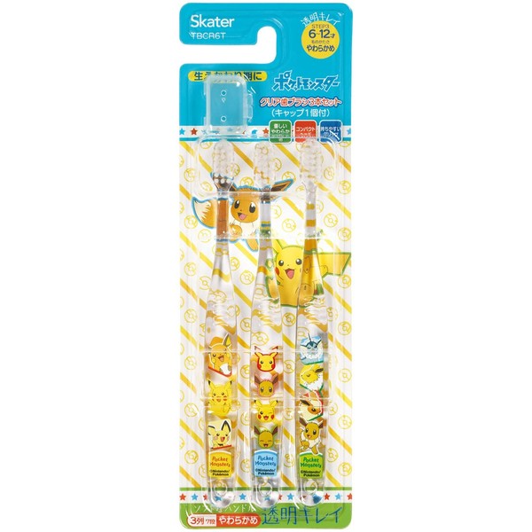 Skater TBCR6T-A Toothbrush, Elementary School, Ages 6-12, Soft, Clear, 3 Pieces, Pokemon 6.1 inches (15.5 cm)