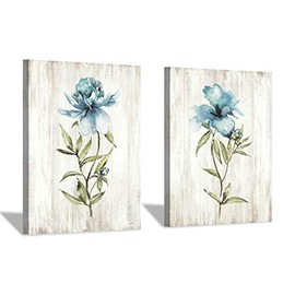 Flower Painting Canvas Wall Art: Blue Botanical Floral Artwork Wildflower Picture Print for Living Room (12'' x 16'' x 2 Panels)