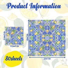 80 Pack Capri Lemon Party Paper Napkins, Blue Tiles Print Lemon Party Disposable Beverage Napkins for Buffet Bridal Shower Wedding Birthday Dinner Party Supplies, 6.5 x 6.5 Inch