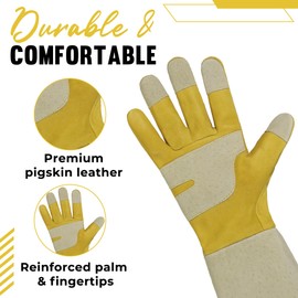 HANDLANDY Pruning Gloves Long for Men & Women, Pigskin Leather Rose Gardening Gloves- Breathable & Durability Gauntlet Gloves (Yellow, L)