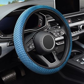 KAFEEK Multiple Colors Elastic Breathable Grid Square Car Steering Wheel Cover 15 inch Universal Fit  All Season Comfort:_Deep Blue B version