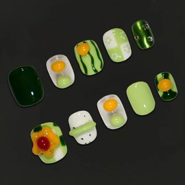 GREENTEA Handmade Decorative Press-On Nails Set, Spring and Summer Flower Fresh,Green and Yellow Avocado Design, Size-M