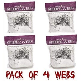 [Pack of 4 White Webs] Halloween Decoration Props Spider Webs including Plastic Spiders Party Decorations 4x White Coloured Webs