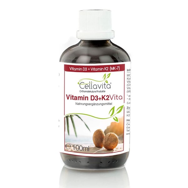 CELLAVITA Vitamin D3 with K2 Vita Coconut Based Vitamin K2 (MK-7) All Trans Form = Best Organic Availability | High Dose | 5 Drops Equivalent to 1000 IU | 100 ml
