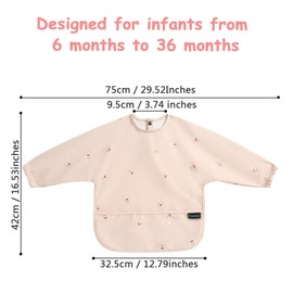 PewinGo Weaning Bib with Long Sleeves & BLW, Soft and Skin-Friendly Material, Coverall Bibs for Baby Feeding, Waterproof and Easy to Clean & Machine Washable, for Baby Infant Toddlers (Pink)