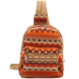 Ethnic Tribal Pattern Soft Fabric Handmade Convertible Zipper Sling Backpack, Lightweight Travel Adjustable Strap Crossbody Bags (Orange)