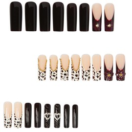 Press on Nails Medium Metal False Nails Artificial Chain Heart Full Cover Nails Acrylic Coffin Nails Reusable Glue on Nails DIY Stick on Nails for Women 24Pcs