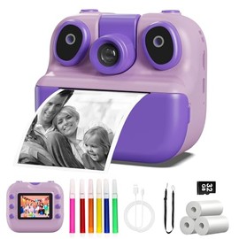 Ykasia Kids Camera Instant Print, 180°Flip Lens Camera, 1080P HD Video Camera for Kids, 2.4 Inch Screen Kids Digital Camera with 32GB Card & 3 Rolls Photo Paper (Purple)