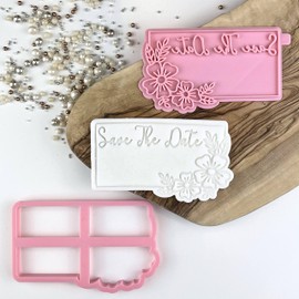 LissieLou Save The Date in Rectangle with Flowers Cookie Cutter and Stamp Wedding Icing Stamp Fondant Embosser - Light Pink
