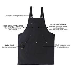 Cooking Aprons for Men Women, BBQ Aprons for Men, with 4 Pockets Adjustable Strap Chef Kitchen Apron, Men Women Waterproof Cotton Apron for Home Kitchen, Cooking, Baking, BBQ, Cafe, Gardening (Black)