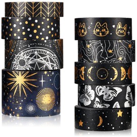 Washi Tape Set 9 Rolls Silver Gold Pattern Foil Masking Tape, Vintage Black Washi Tape Set Butterfly Star Moon Aesthetic Decorative for Journal, Arts, Book, Scrapbook, DIY Crafts and Gift Wrapping