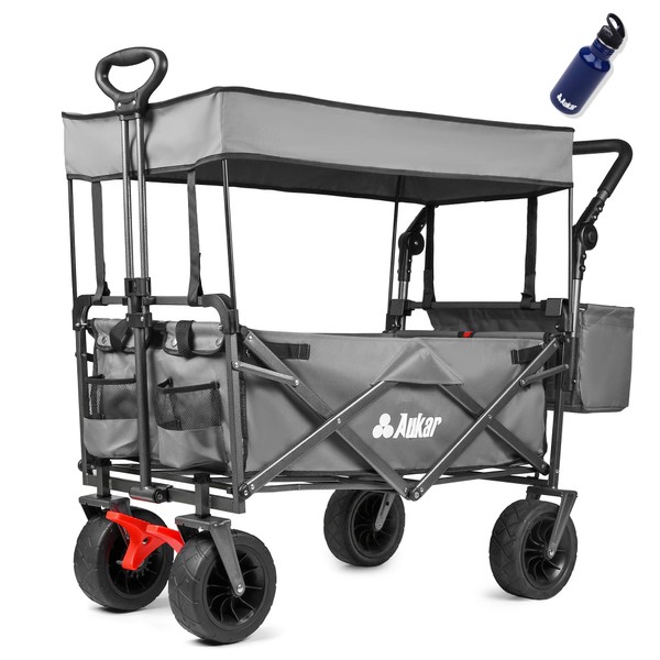 AUKAR Collapsible Canopy Wagon - Heavy Duty Utility Outdoor Foldable Garden Cart - with Adjustable Push Pulling Handles,Big Wheels for Sand, for Shopping, Picnic, Camping, Sports - Grey