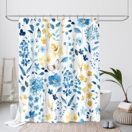 MAYZUS Blue Yellow Floral Shower Curtain, Cute Flower Fabric Shower Curtains for Bathroom, Watercolor Wildflower Butterfly Cloth Shower Curtain Set with Hooks, 72x72