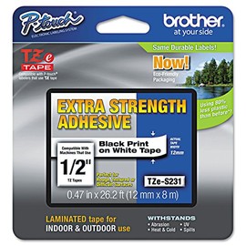 Brother TZES231 TZe Extra-Strength Adhesive Laminated Labeling Tape, 1/2-Inch w, Black on White