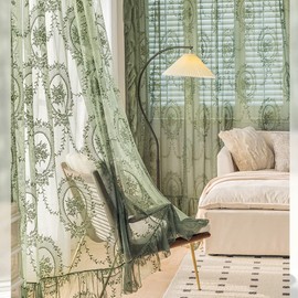 ZZC Lace Sheer Curtains with Scallop Ruffle Edge for Living Room Farmhouse 84 Inch Long Rustic Vintage Floral Embroidered Voile Panels Rod Pocket Window Treatment Set 2 Panels, Green, W52 x L84 Inch