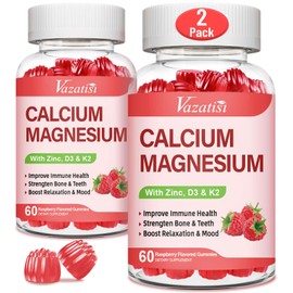 Calcium Magnesium Zinc Gummies with Vitamin D3 & K2, High Absorption Magnesium Glycinate Potassium for Immune and Calm Mood, Raspberry Flavor 120 Gummies