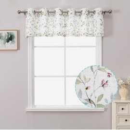 OWENIE Printed Floral Valances for Windows, Light Filtering Linen Blend Textured Small Curtains for Kitchen Bedroom Living Room Basement, Grommet Half Curtains for Windows, Each 38" Wx14 L, 2 PCS