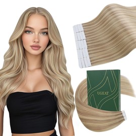 Ugeat Highlights Tape in Hair Extensions Real Human Hair Dark Ash Blonde Tape in Extensions Light Blonde for Women Add Length to Hip Length 22 Inch 20Pcs 50G