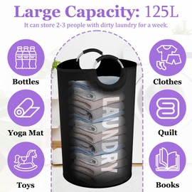 IHOMAGIC 125L Extra Large Laundry Basket with Handles, Collapsible Clothes Hamper for Bedroom, Independent Dirty Clothes Basket, Portable Laundry Bin for Hotel, Dorm, Black