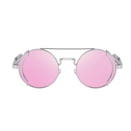 Karsaer Steampunk Sunglasses Retro Round Hippie Metal Frame Sunglasses Vintage Festival Glasses for Women Men with UV Protection, pink